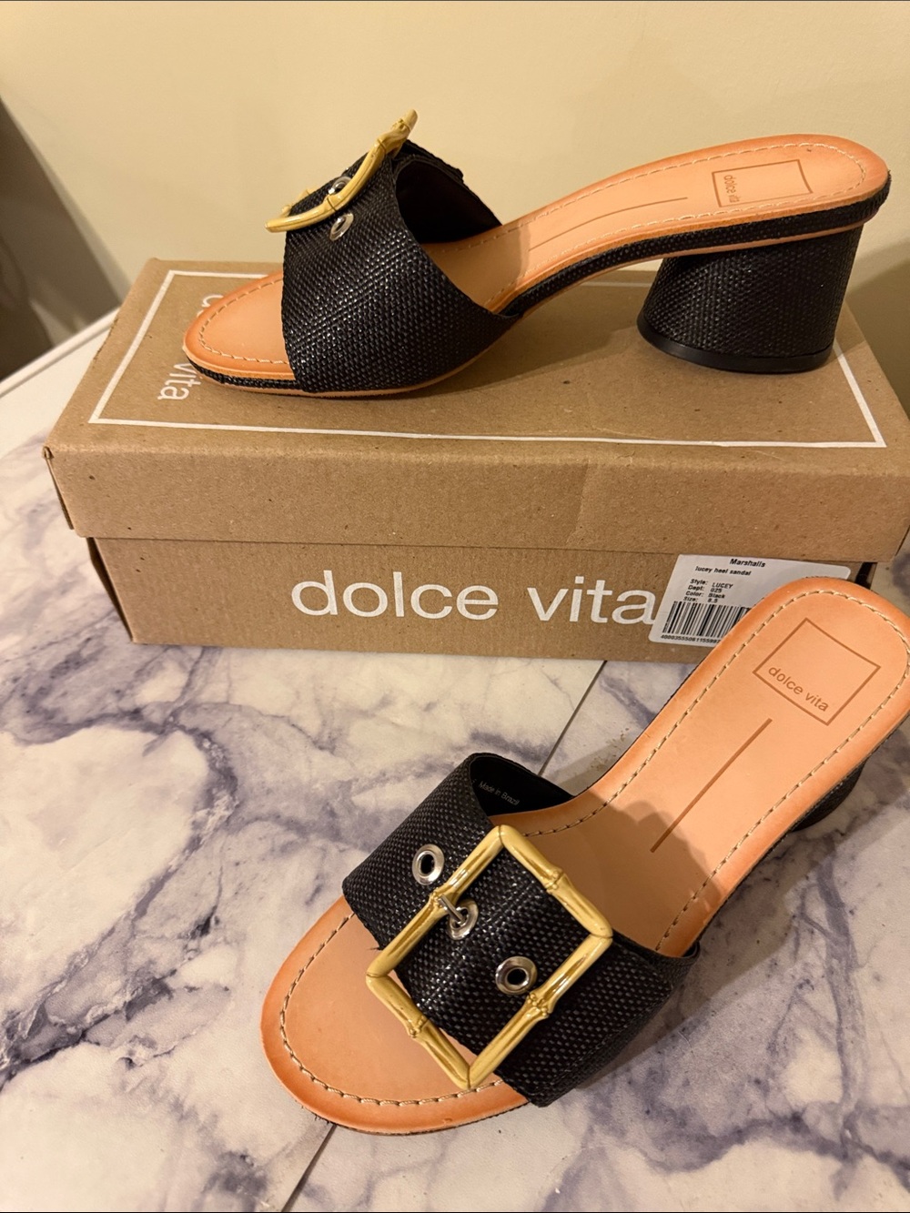 Dolce Vita Black Textured Slide Mules with Gold Buckle
